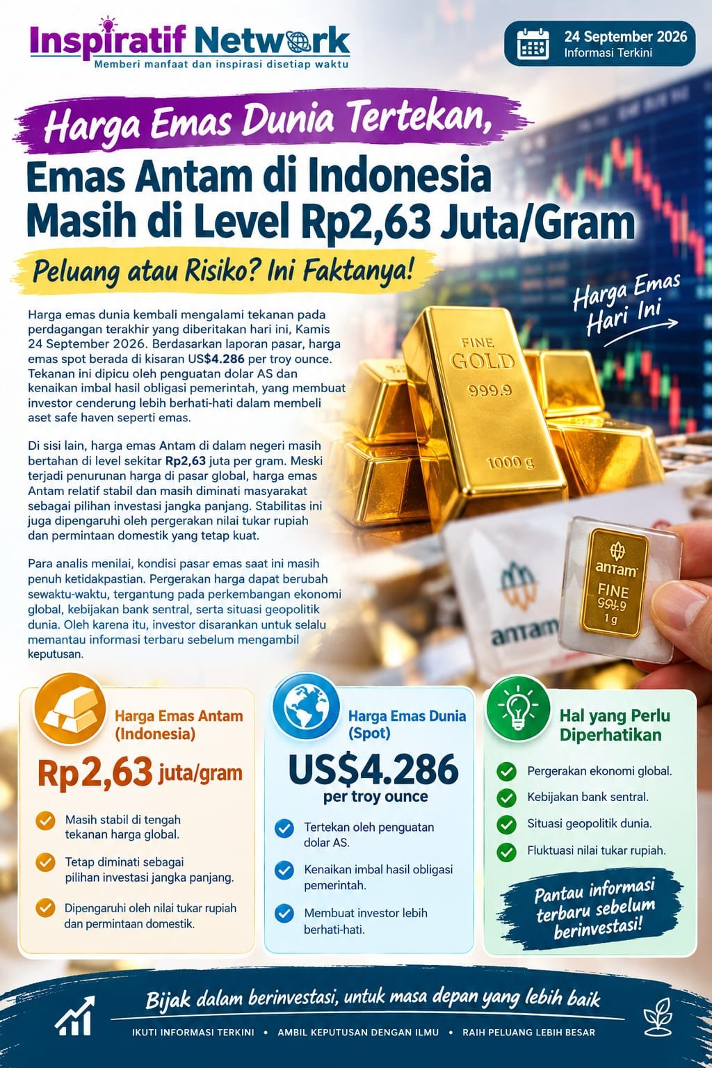 Harga Emas Dunia Tertekan, Emas Antam Tetap di Level Rp2,63 Juta per Gram — Ada Apa di Balik Pergerakannya?